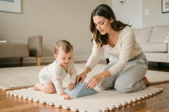 Mère surveillant son bébé sur un parcours motricité sécurisé avec tapis en mousse à la maison