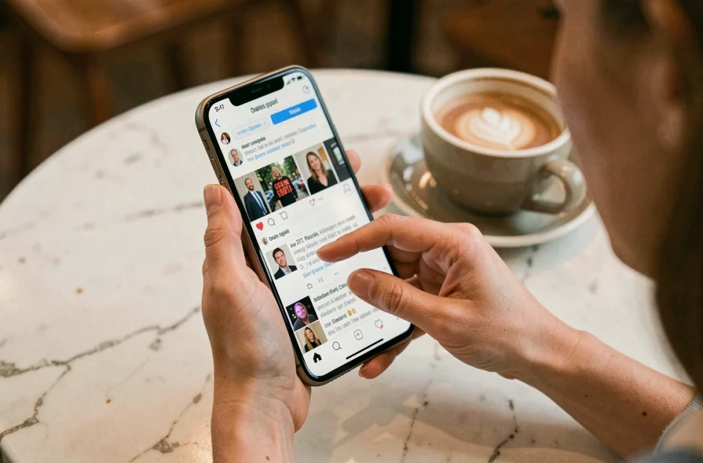 Main tenant un smartphone affichant des réseaux sociaux avec des rumeurs sur une personnalité, illustrant les limites de la curiosité sur la vie privée et les faux buzz médiatiques