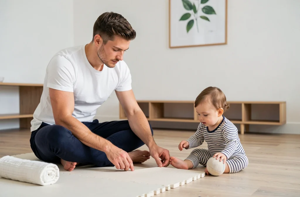 Père vérifiant la sécurité des bords d'un tapis de parcours motricité pour bébé dans une chambre moderne