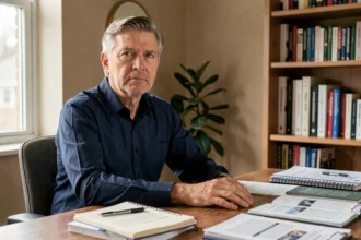 Homme discret assis à son bureau à domicile entouré de documents professionnels, évoquant la vie privée d'un expert médiatique