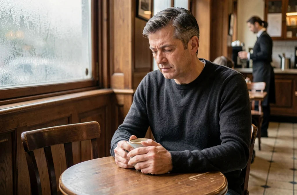 Homme pensif attablé seul dans une brasserie parisienne, symbole de la vie privée préservée d'une figure médiatique française