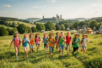 Groupe d'enfants courant dans un paysage verdoyant de Nouvelle-Aquitaine lors d'une journée d'aventure en famille