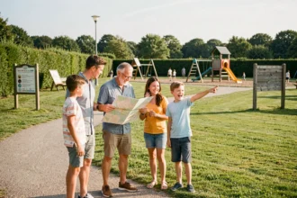 Une famille avec enfants explorant un parc de loisirs dans les Pays de la Loire, consultant une carte des attractions