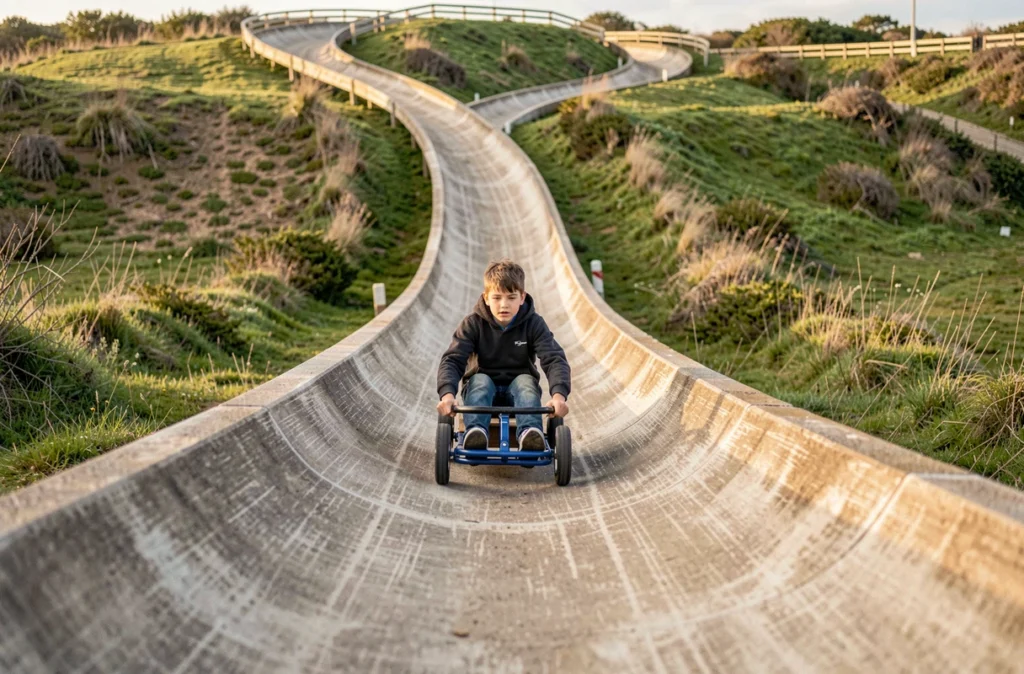 Adolescent sur un kart descendant la piste de toboggan géante en plein air à Atlantic Toboggan en Vendée