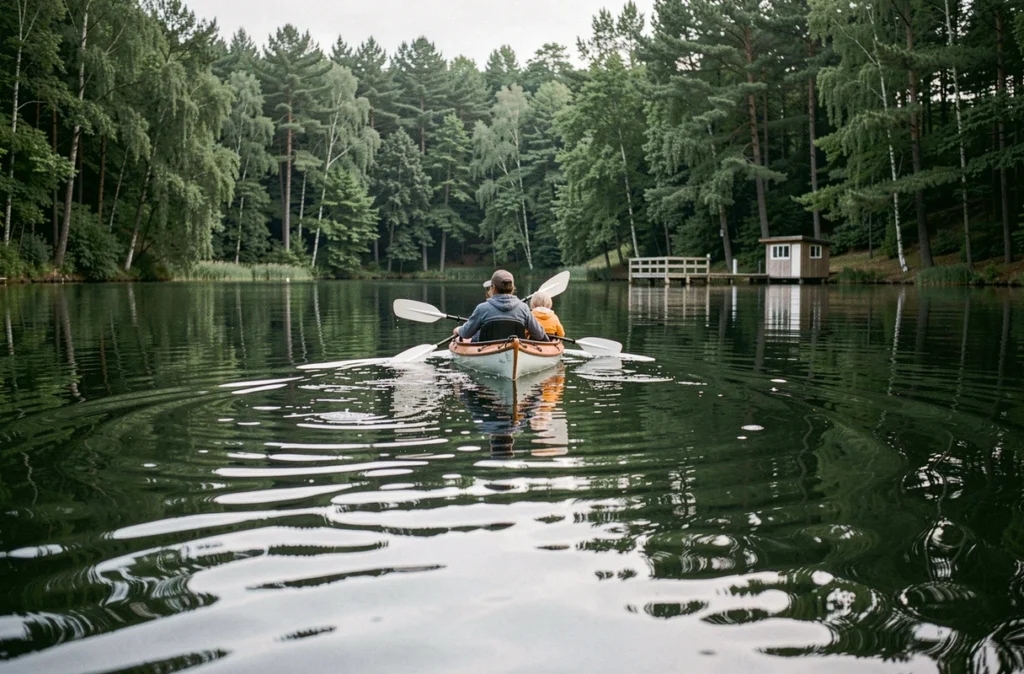 Famille faisant du kayak sur le lac forestier calme de la Base de loisirs de Mervent en Vendée entourée de grands arbres