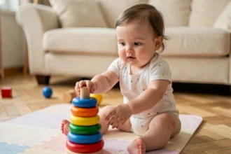 Bébé de 7 mois jouant avec un jouet d'éveil en bois coloré sur un tapis de jeu doux dans un salon familial