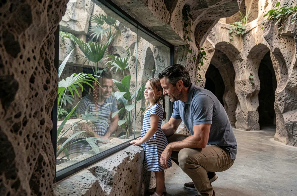 Un père et sa fille observant des animaux à travers une vitre creusée dans la roche au Bioparc de Doué-la-Fontaine