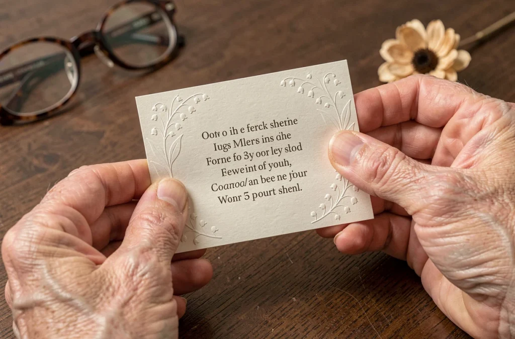 Carte souvenir funéraire tenue dans les mains avec un poème imprimé en hommage à une maman décédée