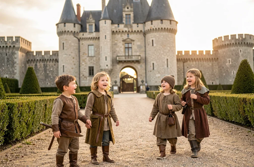 Enfants déguisés en aventuriers explorant les jardins du Château des Aventuriers en Vendée avec ses tours en pierre