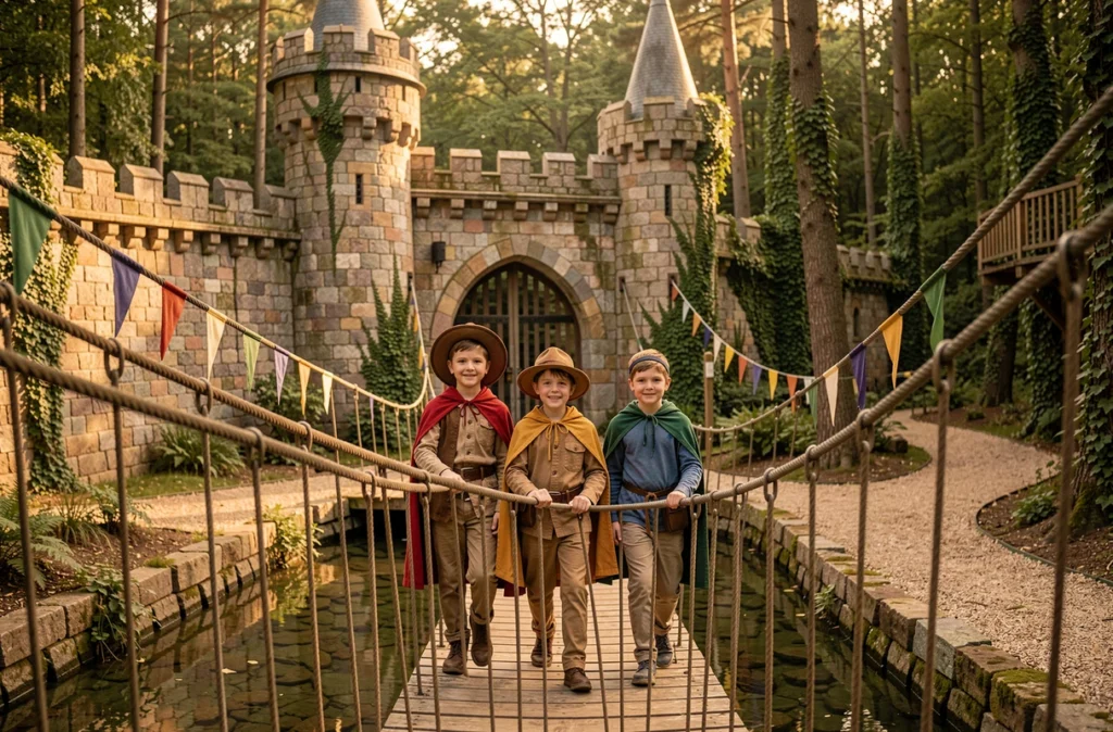 Des enfants traversant un pont suspendu au Château des Aventuriers, parc à thème médiéval en Vendée