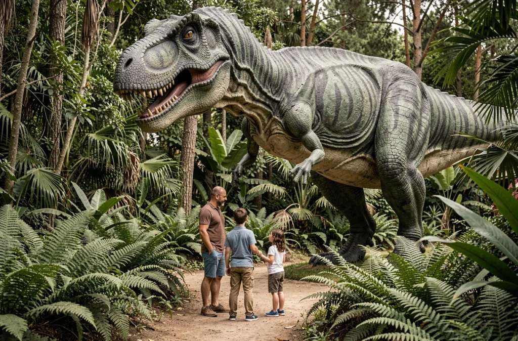 Famille découvrant une sculpture grandeur nature de T-Rex dans la végétation tropicale de Dino's Park en Vendée