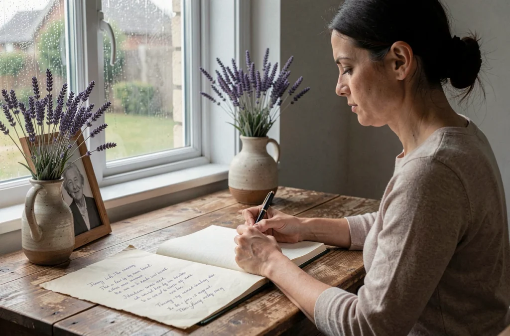 Femme écrivant un poème en hommage à sa maman décédée sur un bureau avec une photo souvenir en noir et blanc