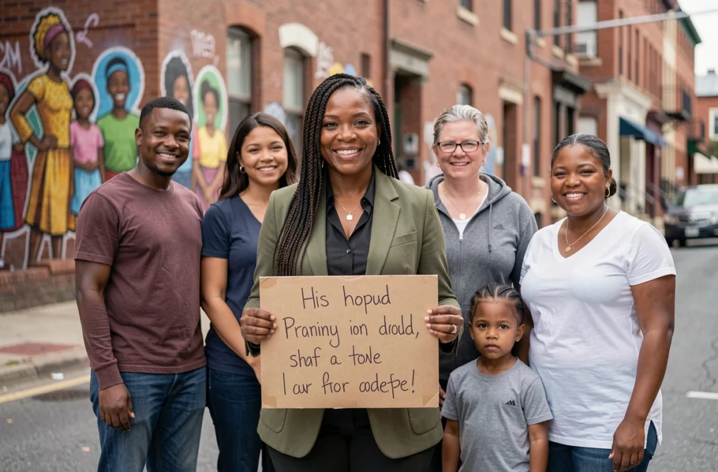 Femme noire tenant une pancarte lors d'un rassemblement communautaire entourée de membres de sa famille, illustrant l'engagement familial contre le racisme