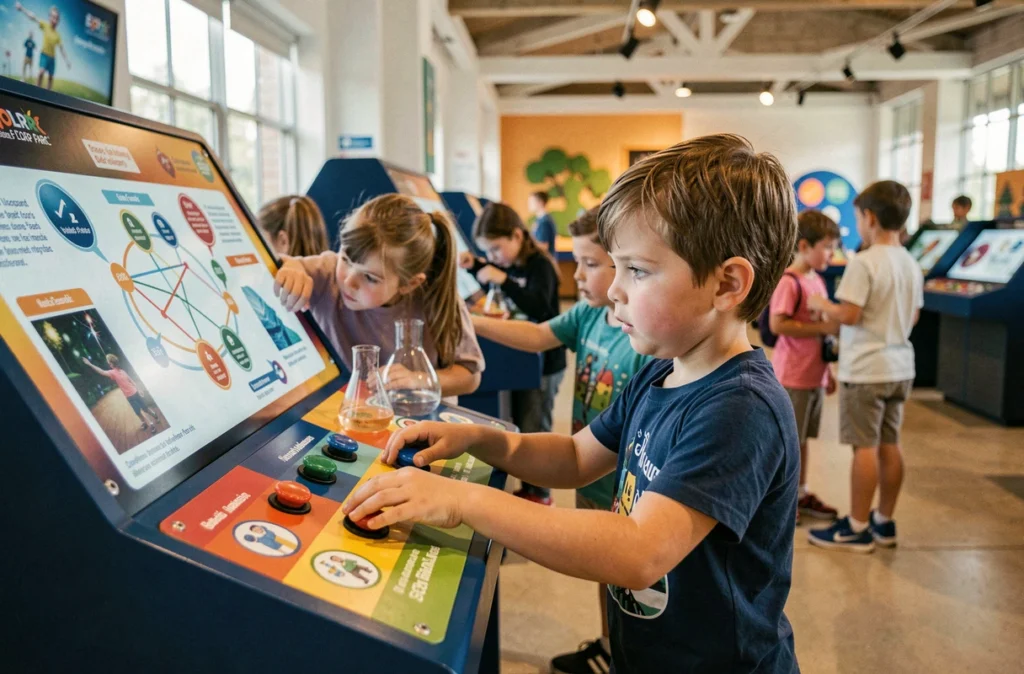 Enfants explorant des expériences scientifiques interactives et des jeux de découverte à Explora Parc en Vendée