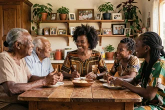 Famille multigénérationnelle africaine réunie autour d'une table de cuisine, symbolisant les liens familiaux au cœur du combat contre le racisme de Marie Aline Meliyi