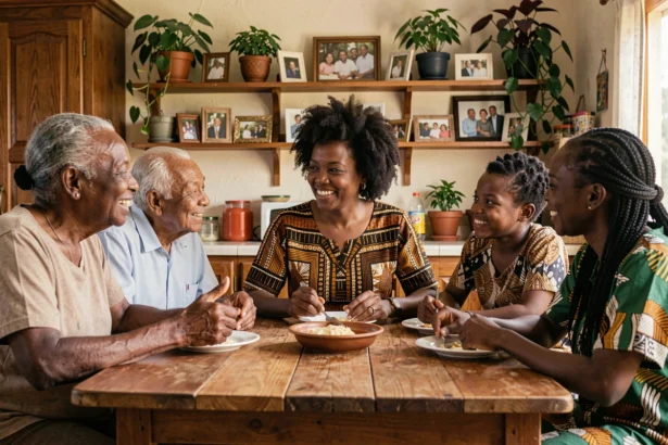 Famille multigénérationnelle africaine réunie autour d'une table de cuisine, symbolisant les liens familiaux au cœur du combat contre le racisme de Marie Aline Meliyi
