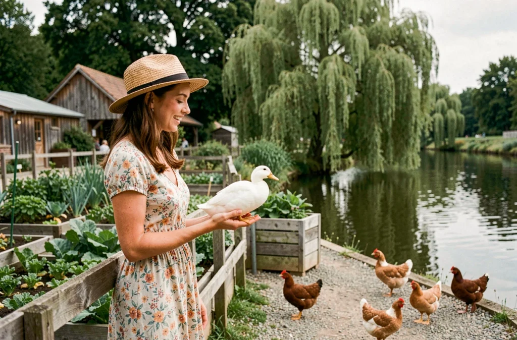 Une jeune femme nourrissant un canard dans le jardin de la Ferme de l'île de Versailles au bord de l'Erdre à Nantes
