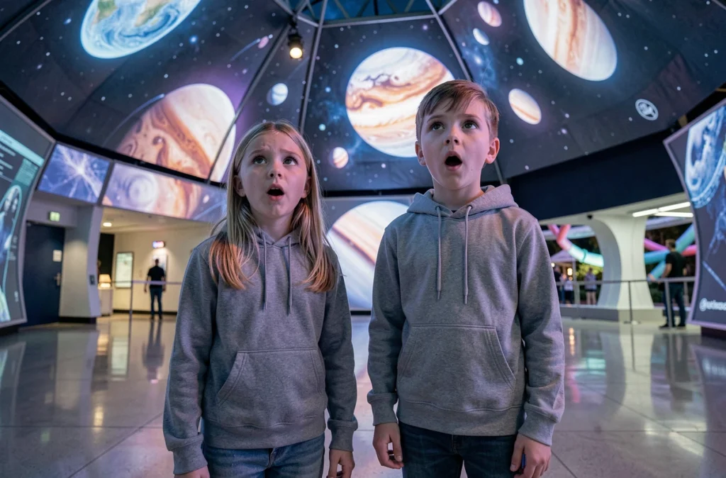 Deux enfants émerveillés devant un écran immersif géant au Futuroscope de Poitiers
