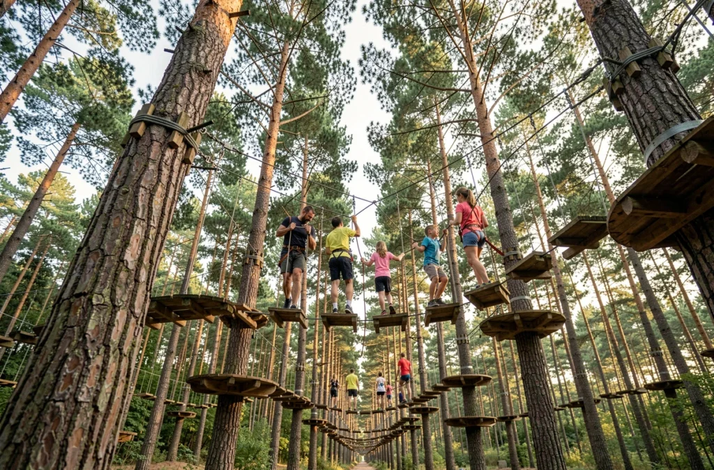 Famille traversant des ponts de cordes et des plateformes en bois dans les arbres au parc Le Grand Défi en Vendée