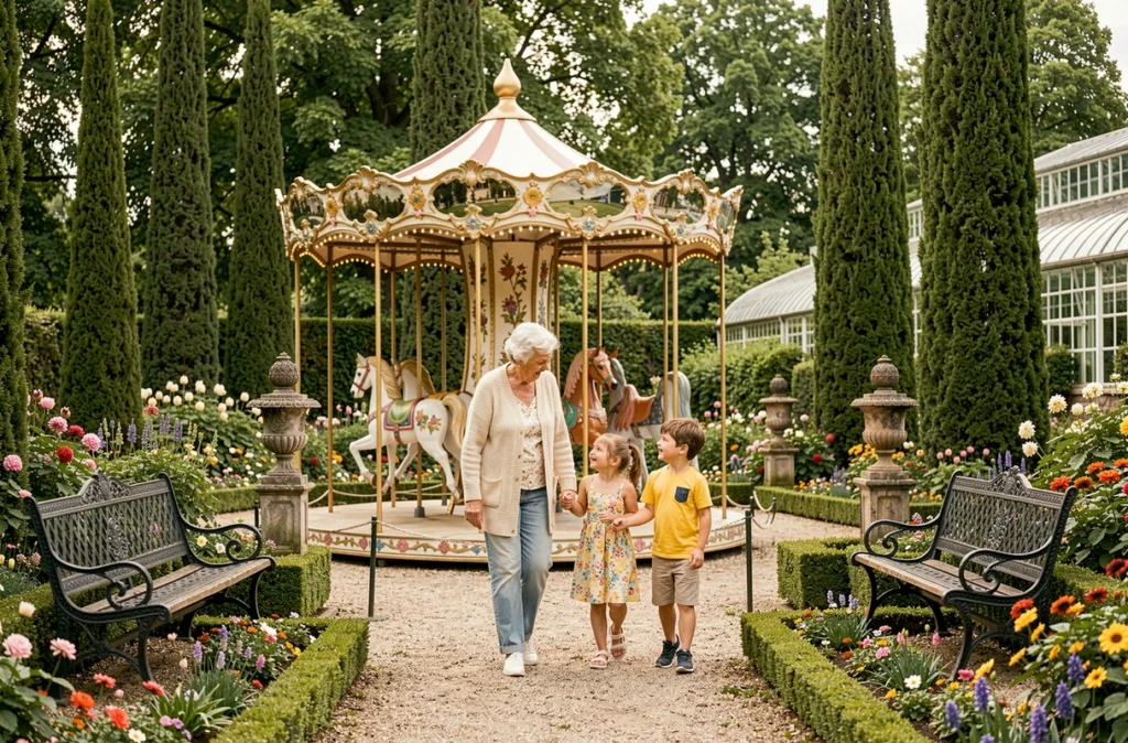 Une grand-mère et ses petits-enfants découvrant les installations ludiques et les parterres fleuris du Jardin des Plantes de Nantes