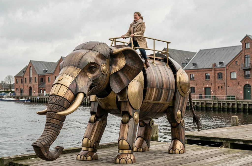 Une femme à bord du Grand Éléphant mécanique des Machines de l'Île à Nantes, avec le bord de Loire en arrière-plan