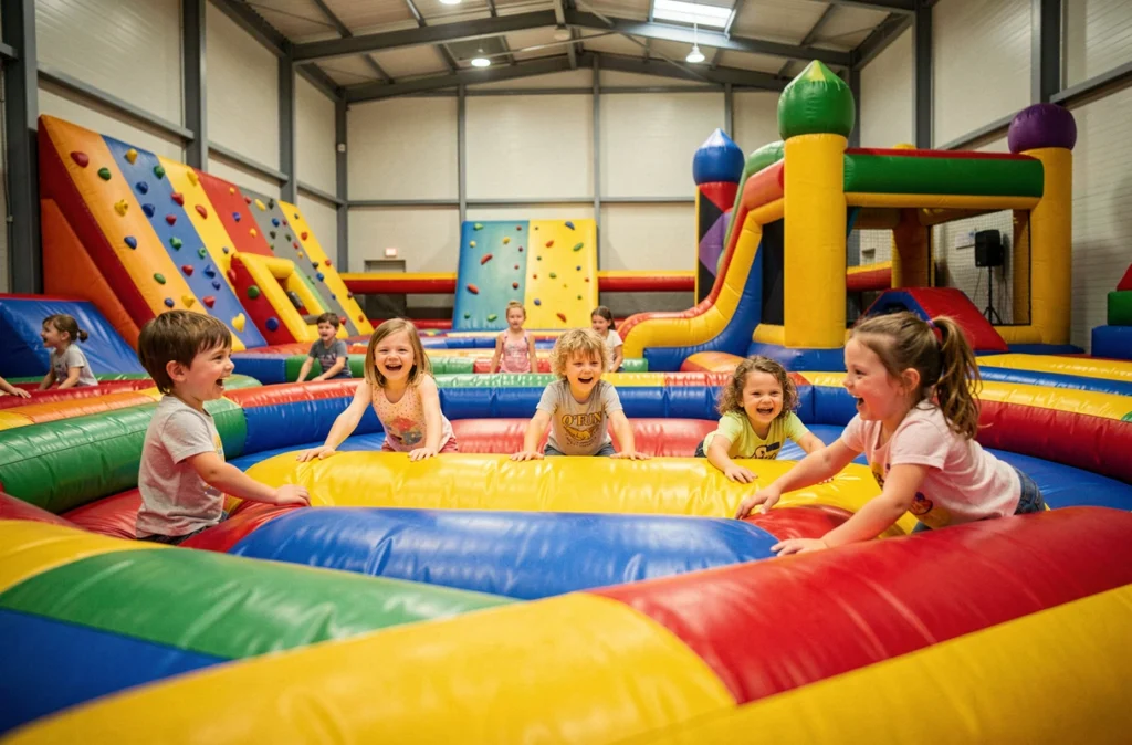 Jeunes enfants jouant sur des structures gonflables colorées et dans une fosse à mousse à O'Fun Park en Vendée