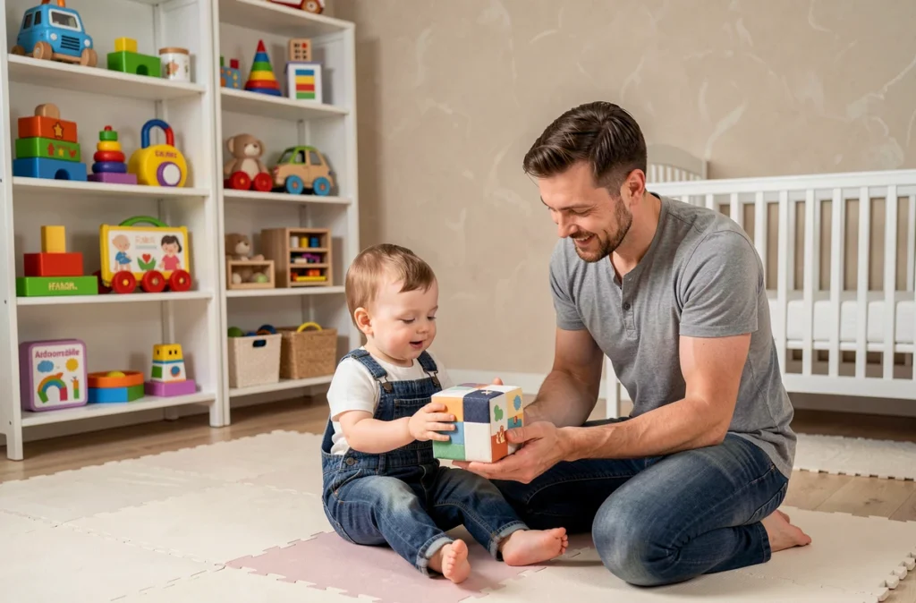 Papa présentant un cube sensoriel en tissu à son bébé de 7 mois dans une chambre d'enfant bien rangée avec des jouets accessibles