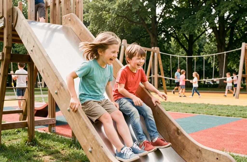 Des enfants qui glissent sur un toboggan géant au Parc des Naudières, parc de loisirs familial près de Nantes