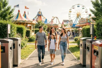 Famille heureuse entrant dans un parc de loisirs en Vendée entouré de verdure et d'attractions colorées