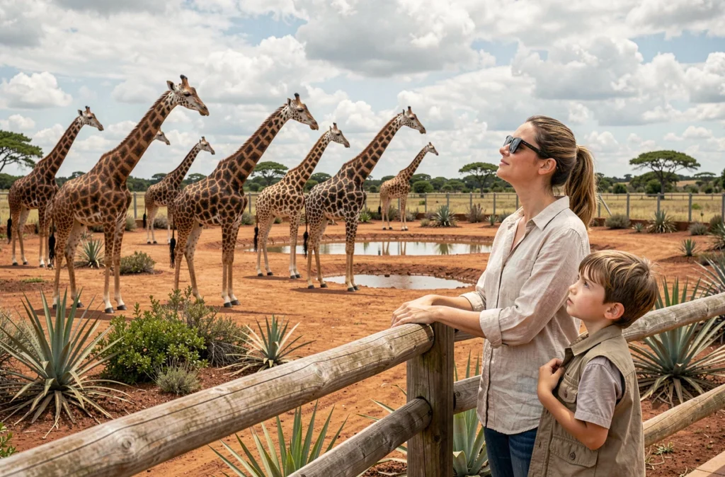 Une mère et son fils observant des girafes de près à Planète Sauvage, parc animalier en Loire-Atlantique