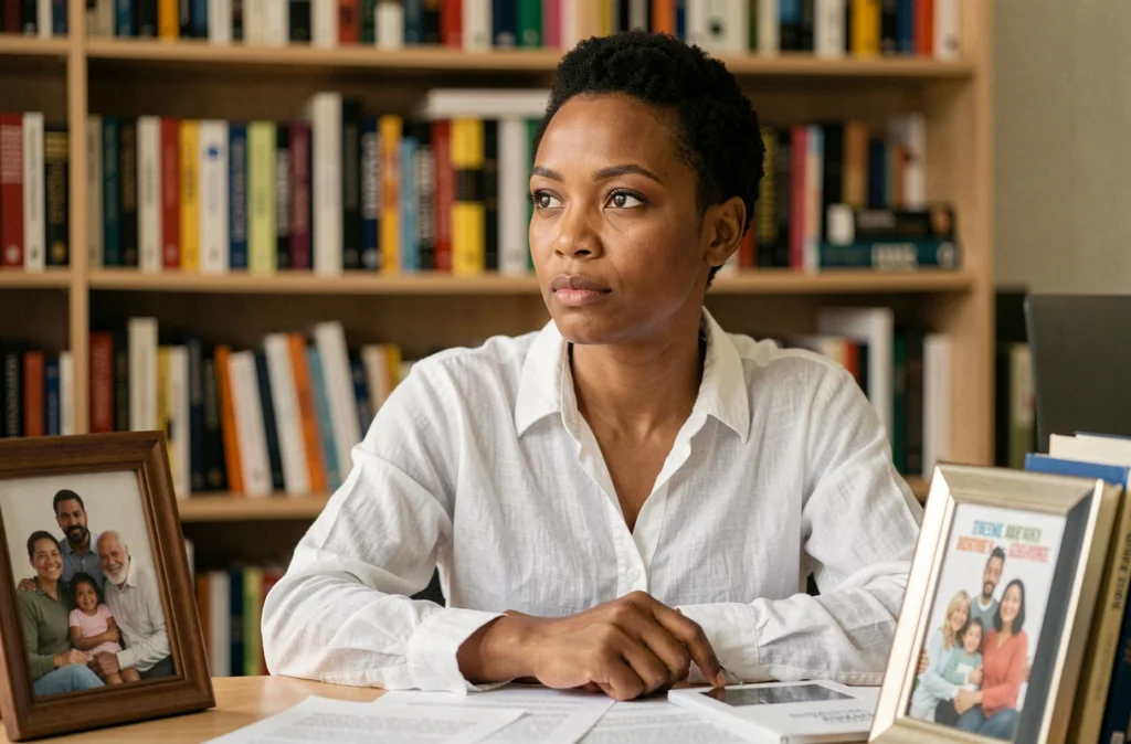 Portrait éditorial d'une femme africaine à son bureau entourée de livres et de photos de famille, évoquant la réflexion intellectuelle et l'engagement personnel contre le racisme