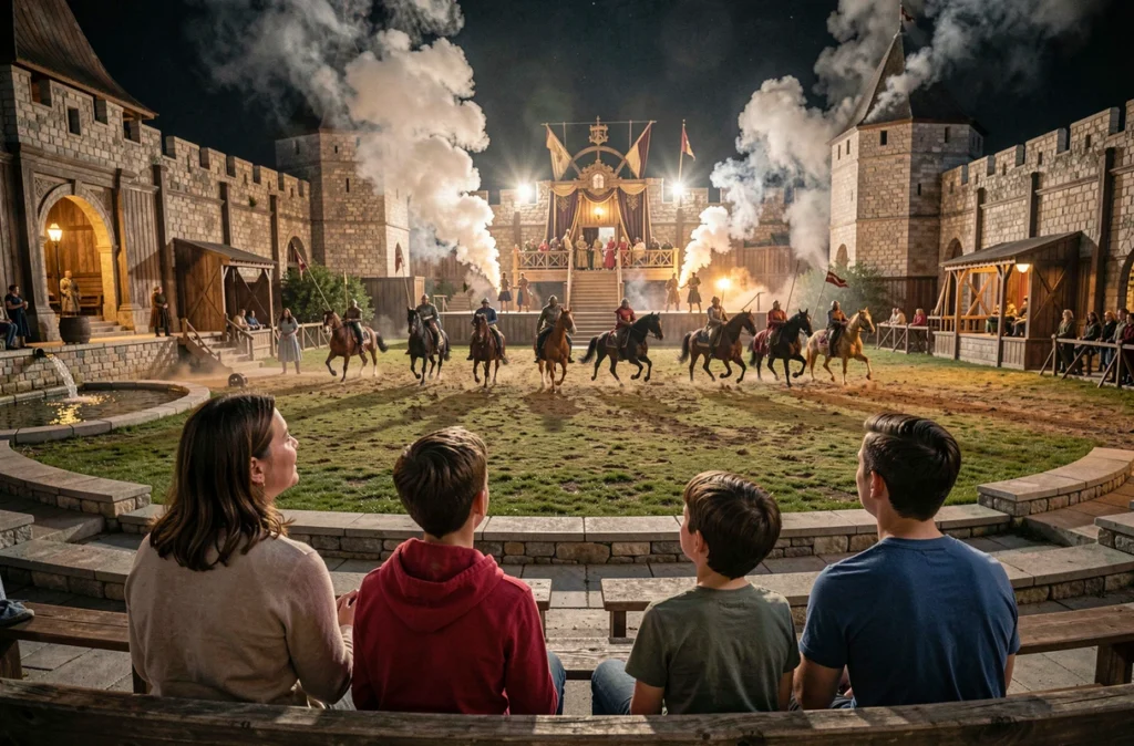 Une famille assistant à un grand spectacle historique équestre au Puy du Fou en Vendée