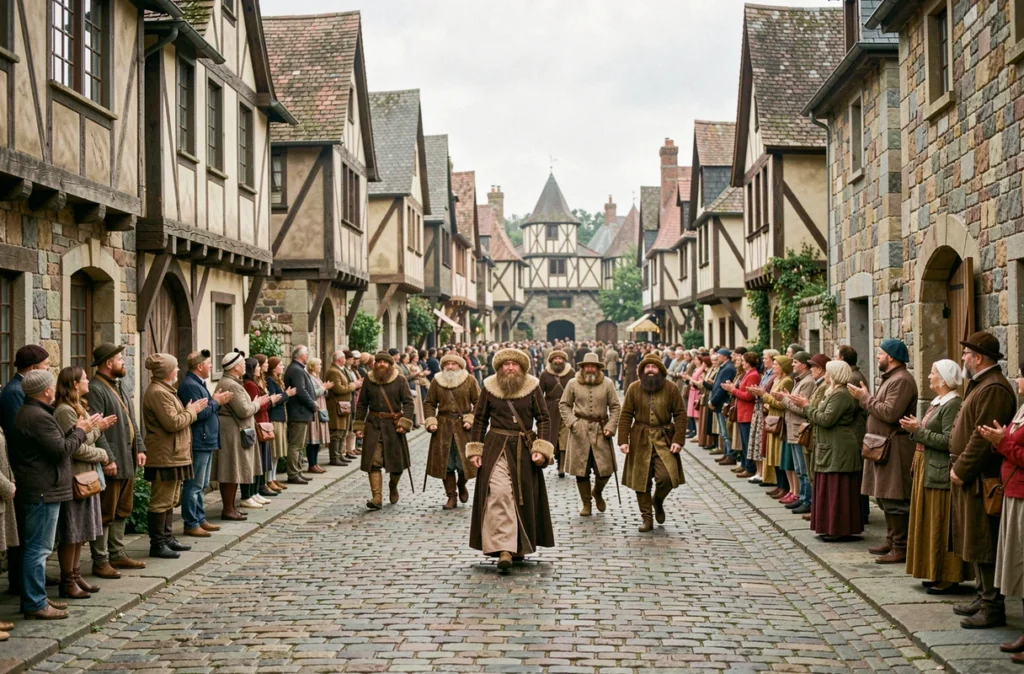Village médiéval reconstitué au Puy du Fou avec des comédiens en costumes d'époque et des visiteurs admiratifs