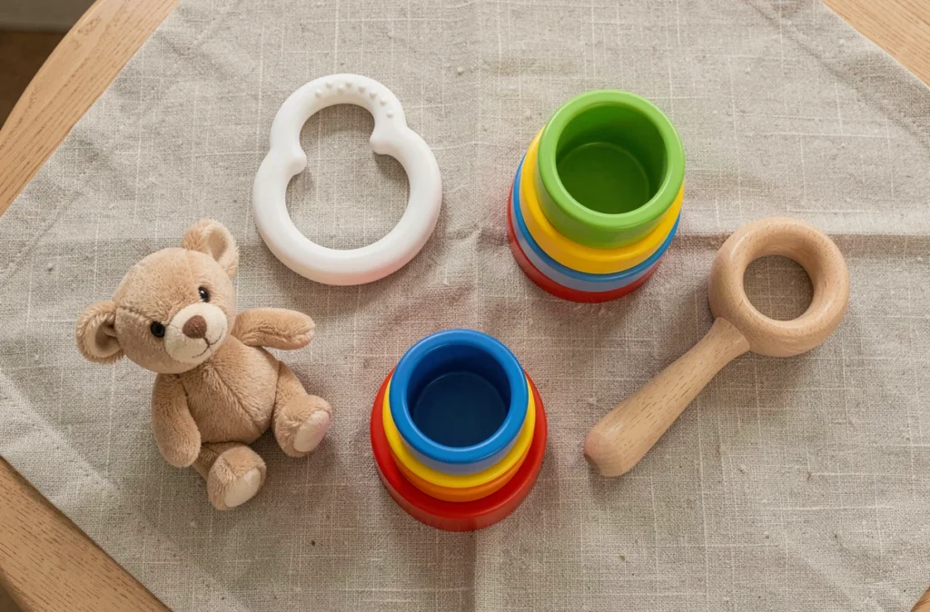 Sélection de jouets abordables et qualitatifs pour bébé de 7 mois disposés en flat lay sur un tissu de lin naturel