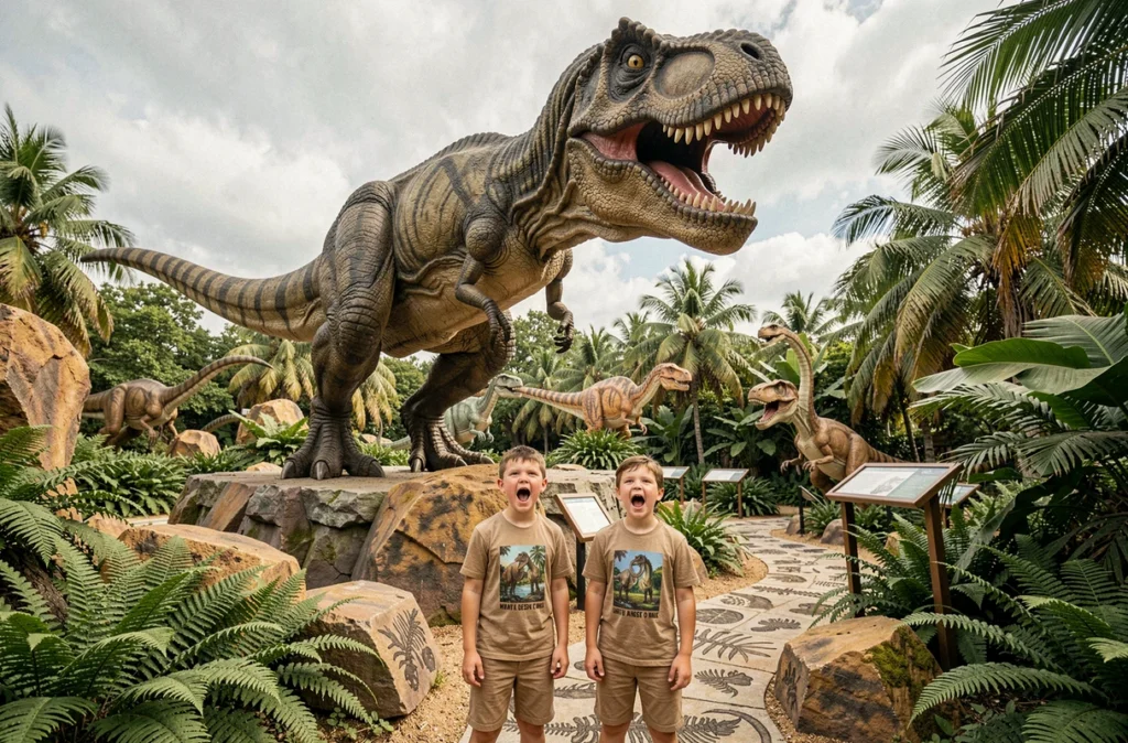 Deux garçons fascinés devant un tyrannosaure animatronique grandeur nature à Terre des Dragons, parc dinosaures à Nantes