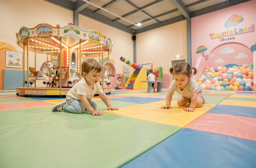 Tout-petits s'amusant sur des structures de jeux douces et des manèges miniatures colorés à Youpla'Land en Vendée