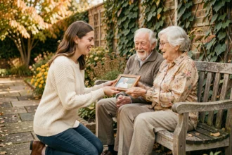 Jeune femme offrant un cadre photo à ses grands-parents dans un jardin d'automne pour annoncer une grossesse