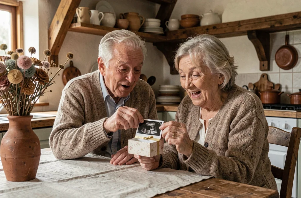 Grands-parents découvrant une échographie dans une boîte cadeau autour d'une table de cuisine rustique pour l'annonce d'une grossesse
